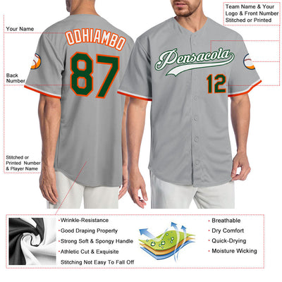 Custom Gray Green-Orange Authentic Baseball Jersey - Owls Matrix LTD