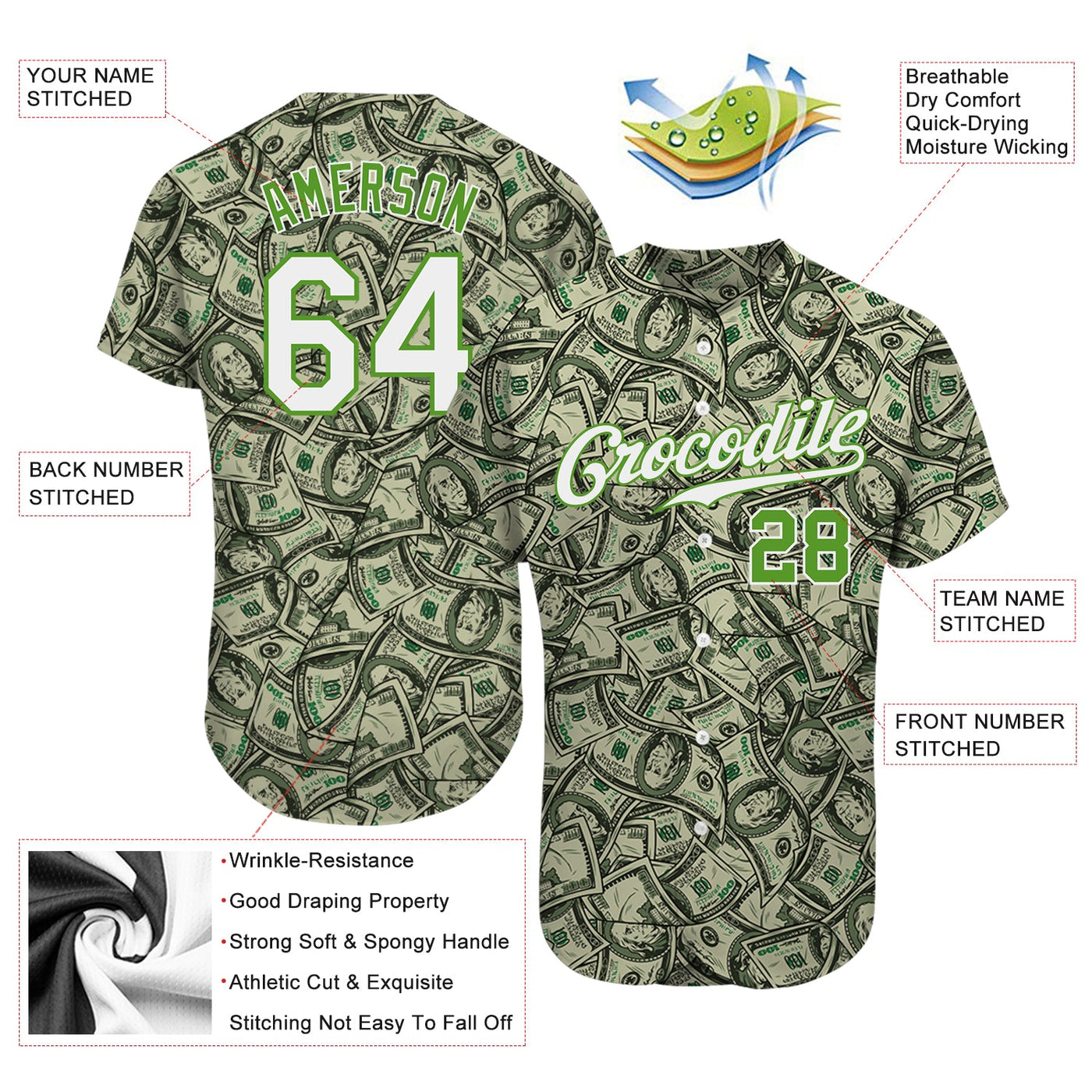 Custom Green White-Neon Green 3D Pattern Design Dollar Authentic Baseball Jersey - Owls Matrix LTD