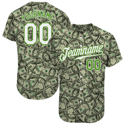 Custom Green White-Neon Green 3D Pattern Design Dollar Authentic Baseball Jersey - Owls Matrix LTD