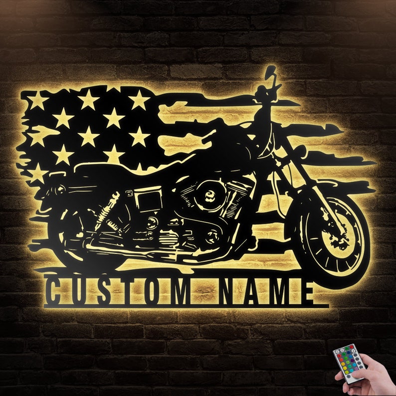 12*12 Inch (30*30cm) Motorcycle US Garage Personalized - Led Light Metal - Owls Matrix LTD