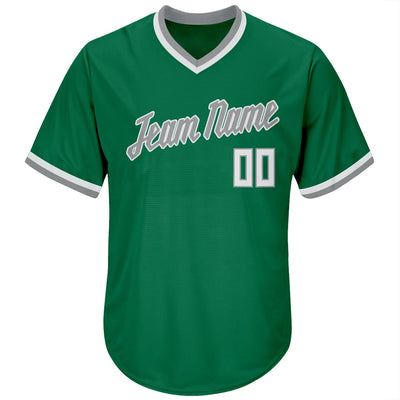 Custom Kelly Green White-Gray Authentic Throwback Rib-Knit Baseball Jersey Shirt - Owls Matrix LTD