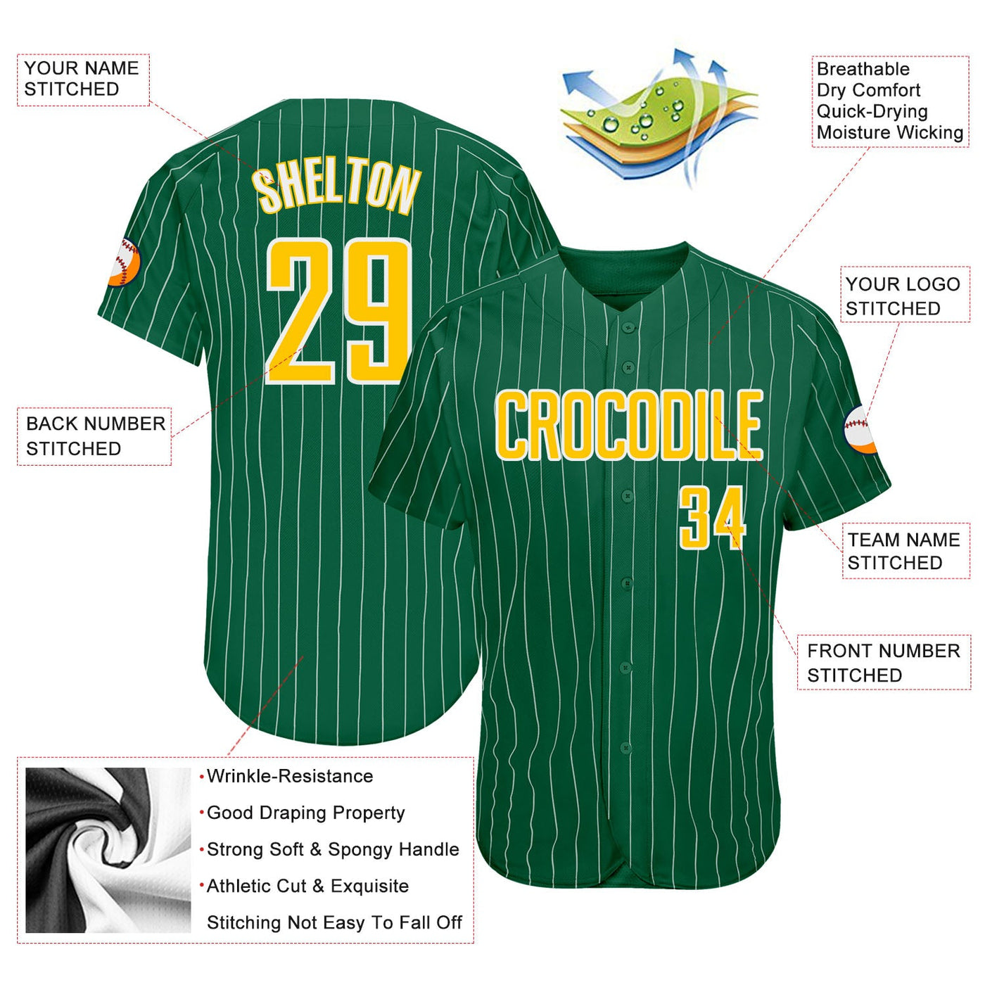 Custom Kelly Green White Pinstripe Gold-White Authentic Baseball Jersey - Owls Matrix LTD