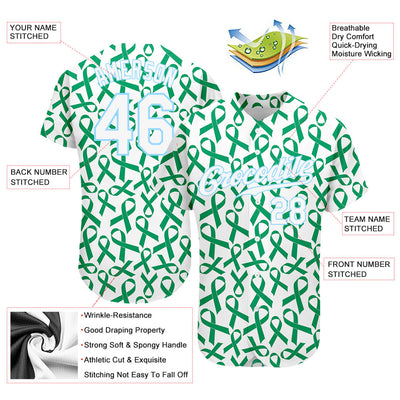 Custom Kelly Green White-Light Blue 3D Pattern Design Breast Cancer Authentic Baseball Jersey - Owls Matrix LTD