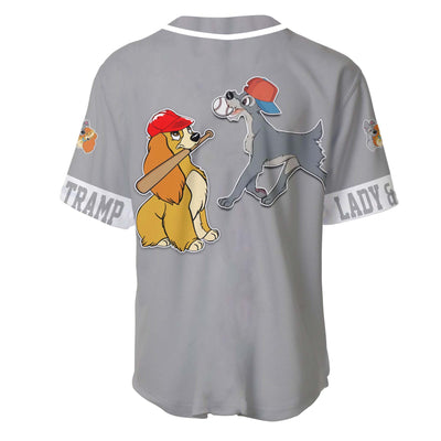 Lady &amp; The Tramp Gray Disney Personalized Unisex Cartoon Custom Baseball Jersey