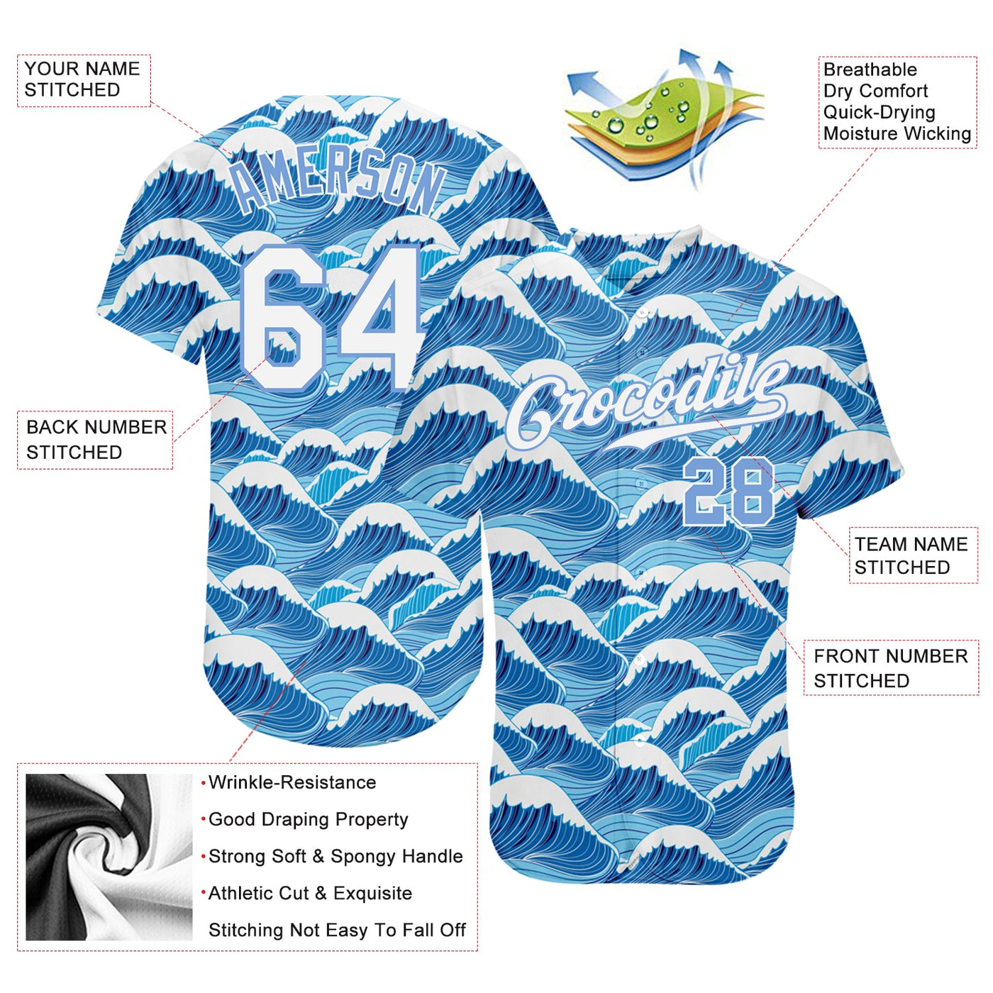 Custom Light Blue White-Light Blue 3D Pattern Design Waves Authentic Baseball Jersey - Owls Matrix LTD