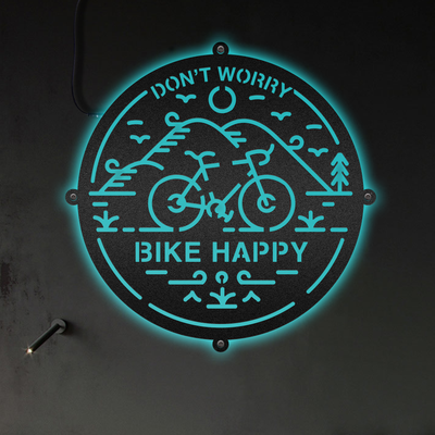 12"x12" Don't Worry Bike Happy - Led Light Metal - Owls Matrix LTD