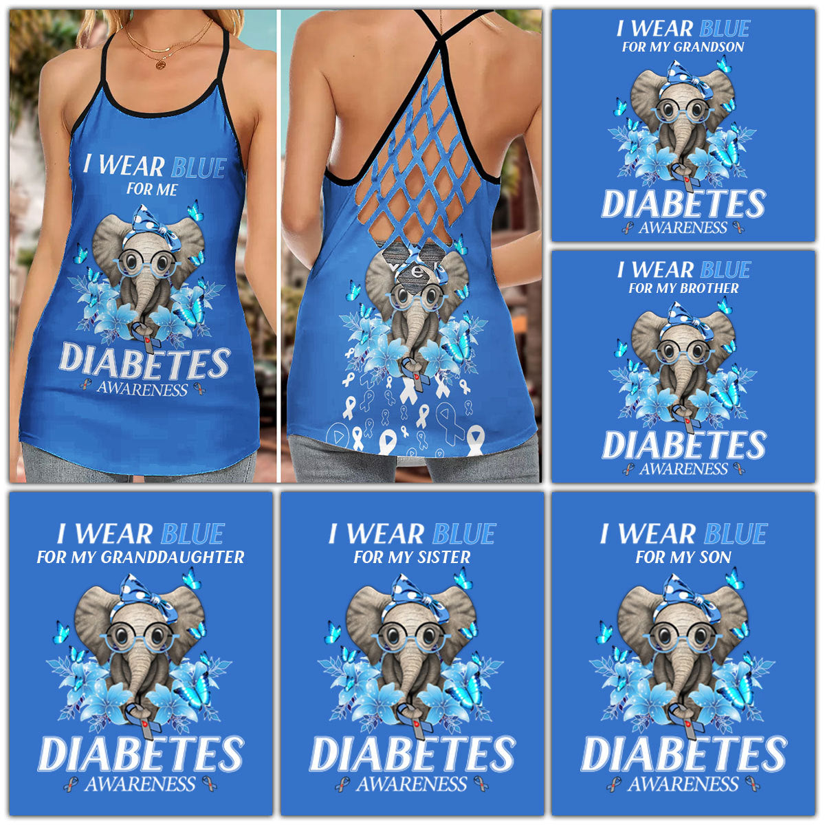 Diabetes Awareness I Wear Blue For People - Cross Open Back Tank Top - Owls Matrix LTD
