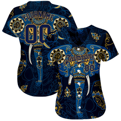 Custom Navy Navy-Old Gold 3D Pattern Design Elephant Authentic Baseball Jersey - Owls Matrix LTD