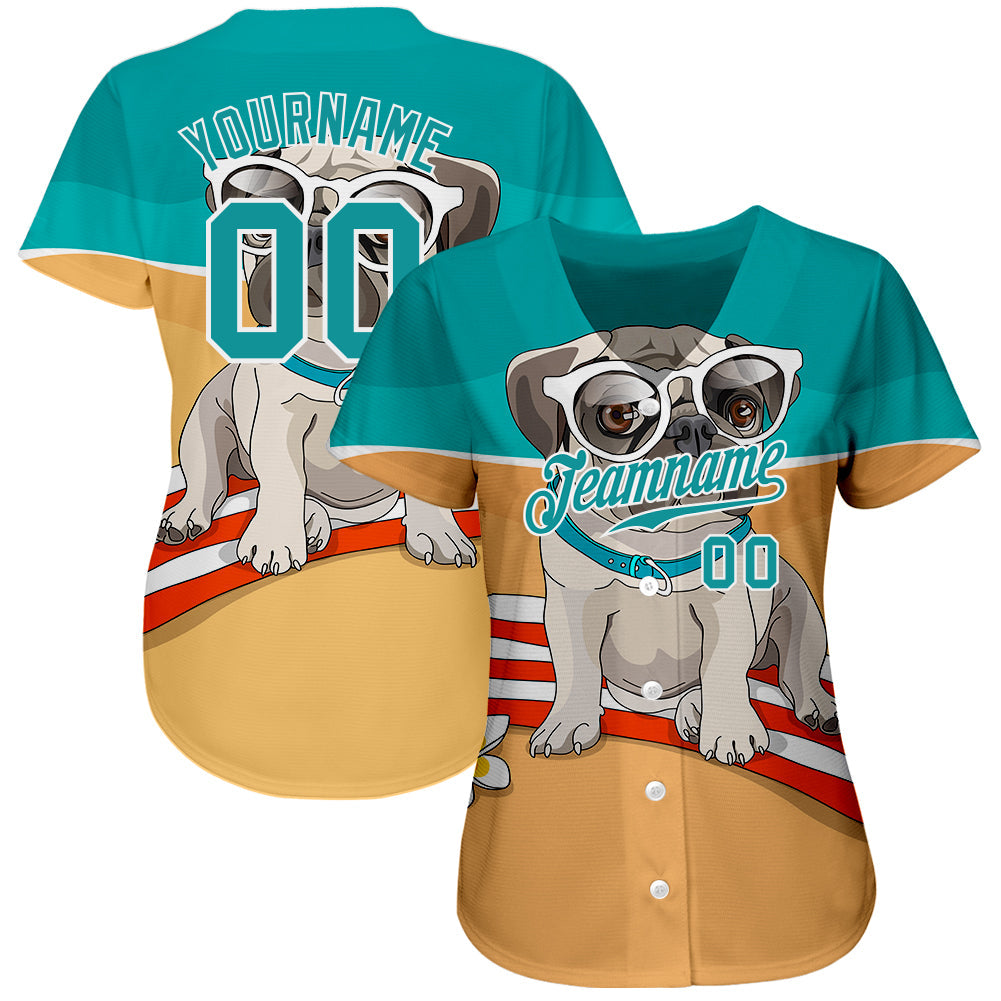Custom Old Gold Aqua-White 3D Pattern Design Puppy Pug Authentic Baseball Jersey - Owls Matrix LTD