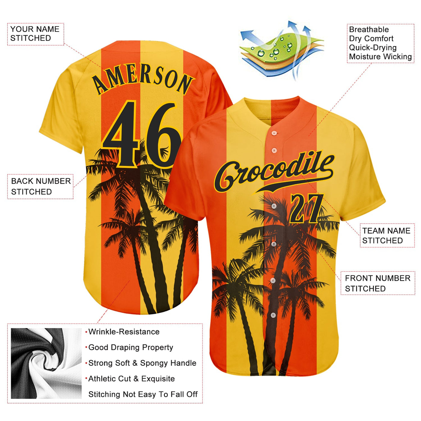 Custom Orange Black-Gold 3D Pattern Design Coconut Trees Authentic Baseball Jersey - Owls Matrix LTD