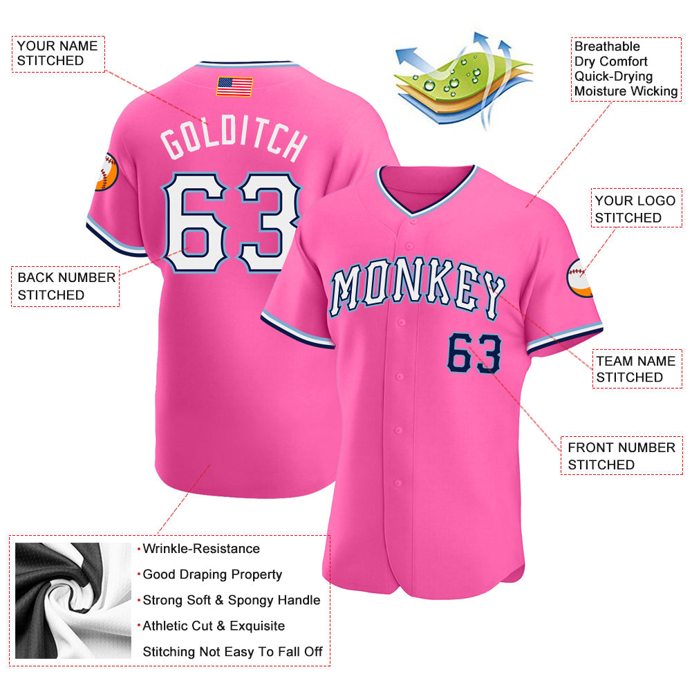 Custom Pink White-Light Blue Authentic American Flag Fashion Baseball Jersey - Owls Matrix LTD