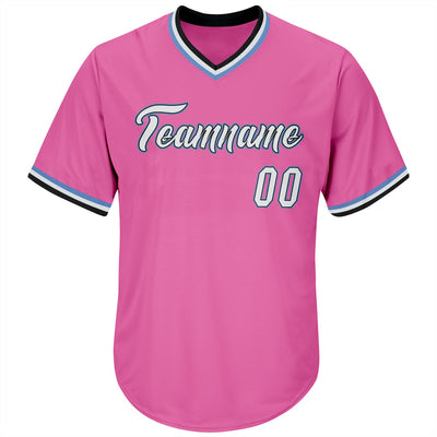 Custom Pink White-Light Blue Authentic Throwback Rib-Knit Baseball Jersey Shirt - Owls Matrix LTD