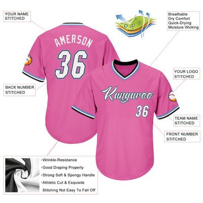 Custom Pink White-Light Blue Authentic Throwback Rib-Knit Baseball Jersey Shirt - Owls Matrix LTD