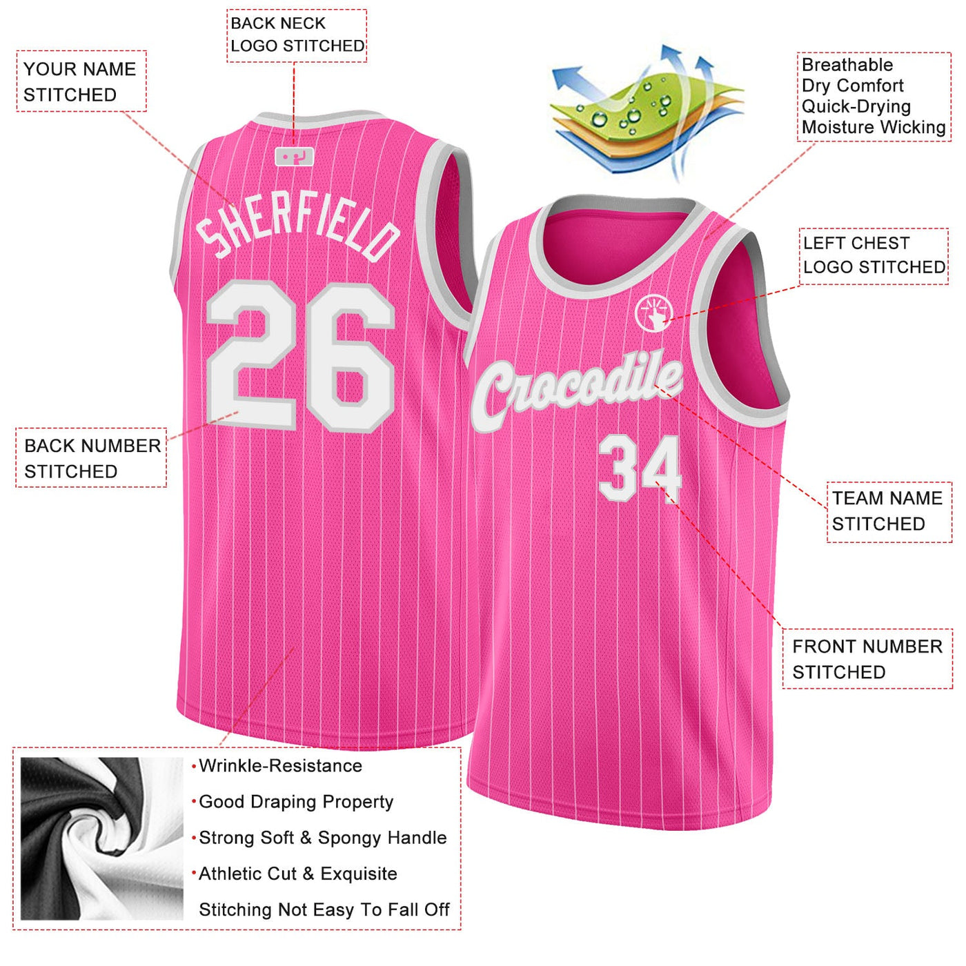 Custom Pink White Pinstripe White-Silver Gray Authentic Basketball Jersey