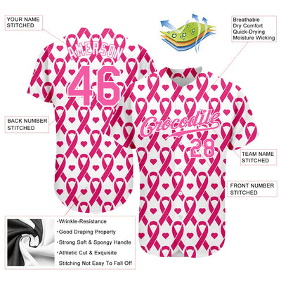 Custom Pink Pink-White 3D Pattern Design Breast Cancer Authentic Baseball Jersey - Owls Matrix LTD