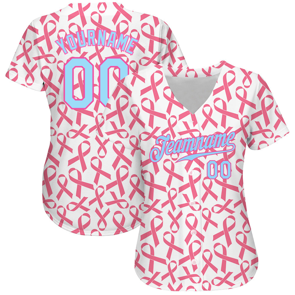 Custom Pink Light Blue-Pink 3D Pattern Design Breast Cancer Authentic Baseball Jersey - Owls Matrix LTD