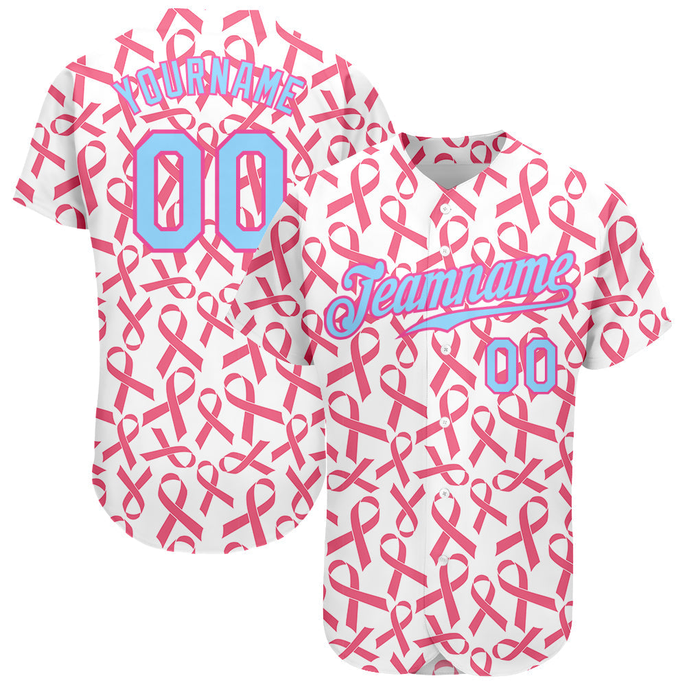 Custom Pink Light Blue-Pink 3D Pattern Design Breast Cancer Authentic Baseball Jersey - Owls Matrix LTD