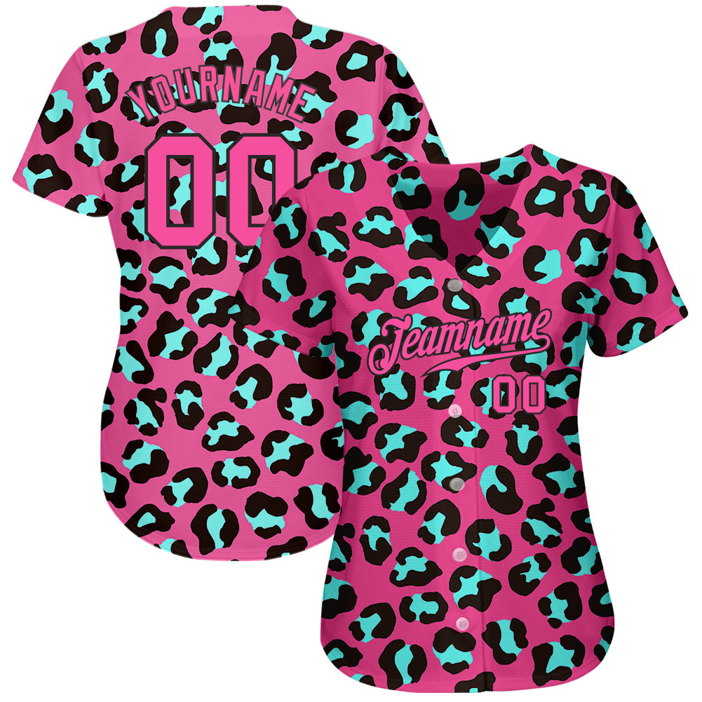 Custom Pink Pink-Black 3D Pattern Design Leopard Authentic Baseball Jersey - Owls Matrix LTD