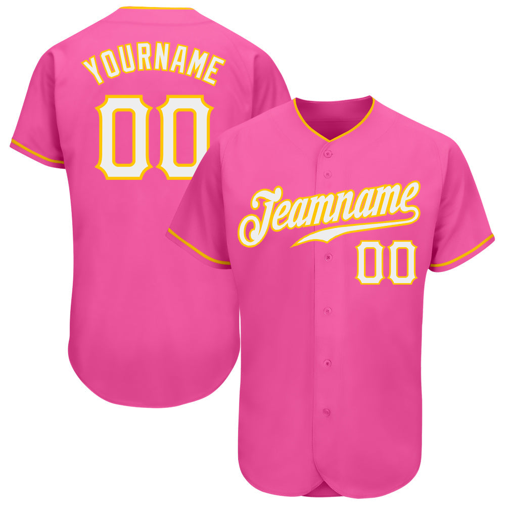 Custom Pink White-Gold Authentic Baseball Jersey - Owls Matrix LTD