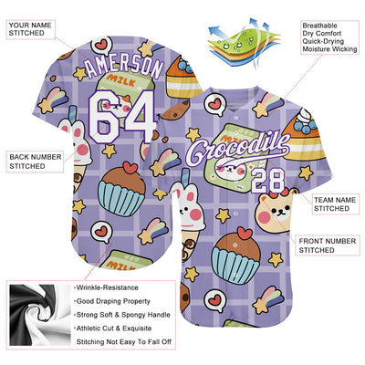 Custom Purple White-Purple 3D Pattern Design Sticker Cartoons Authentic Baseball Jersey - Owls Matrix LTD