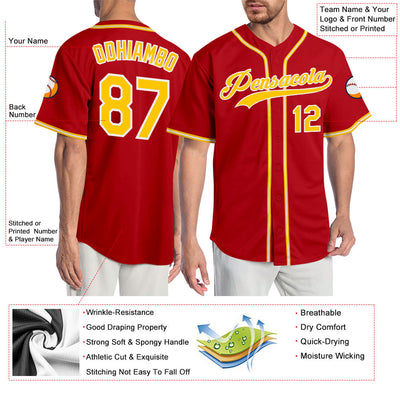 Custom Red Gold-White Authentic Baseball Jersey - Owls Matrix LTD