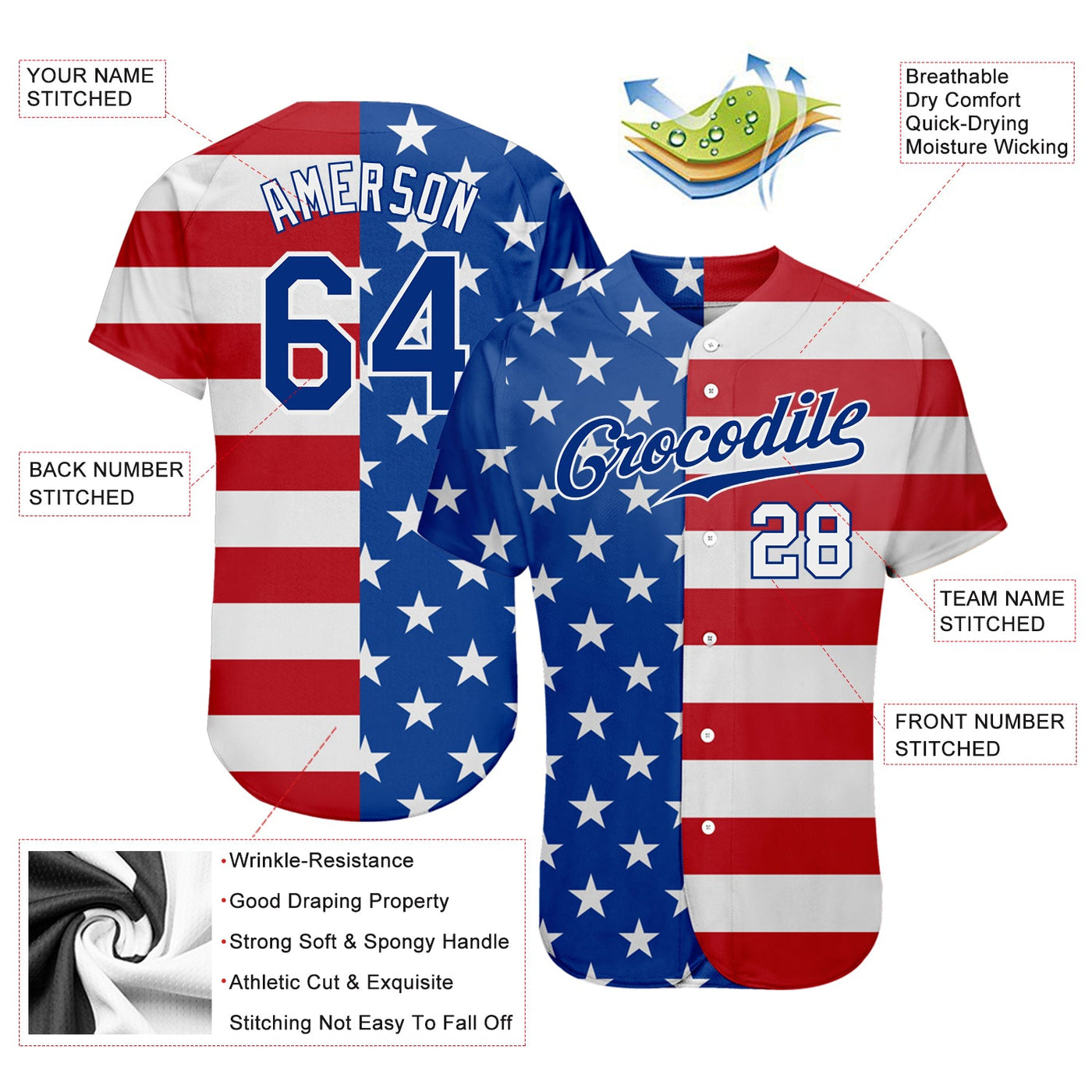 Custom Royal White-Red American Flag Fashion Authentic Baseball Jersey - Owls Matrix LTD