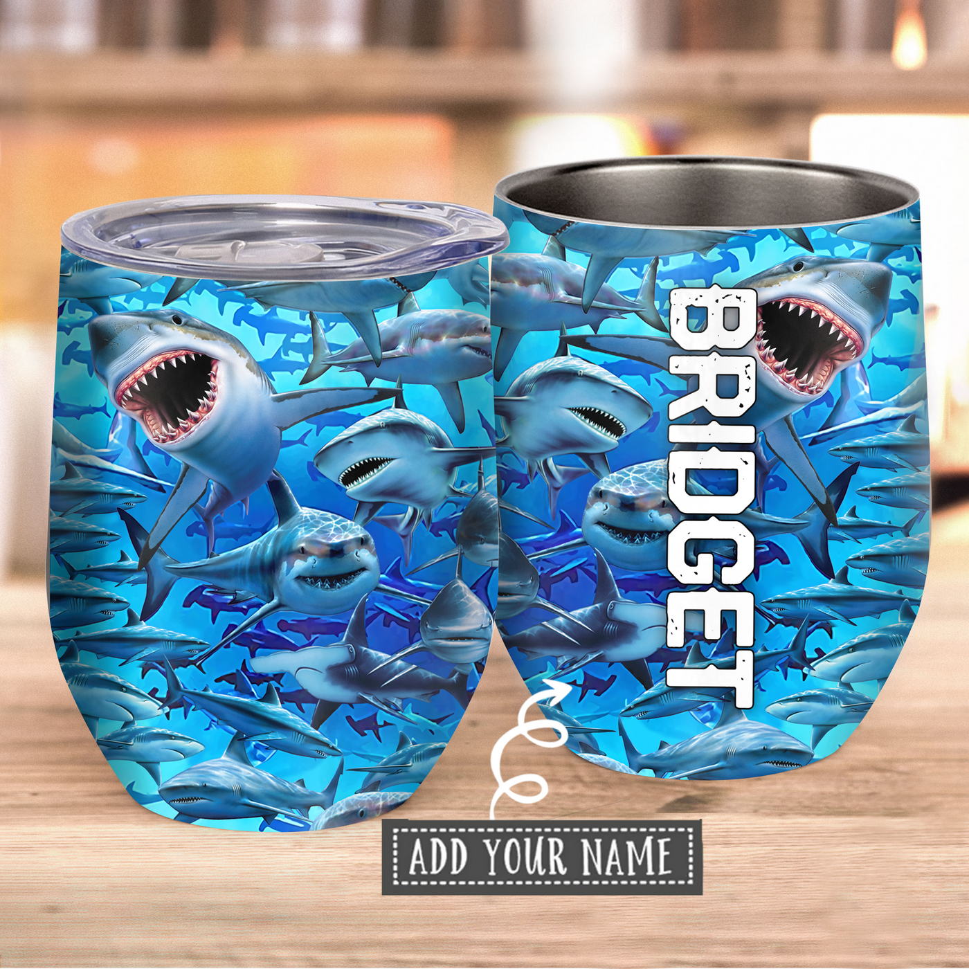 Shark And Ocean In Blue Personalized - Wine Tumbler - Owls Matrix LTD