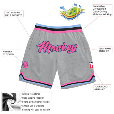 Custom Silver Gray Pink-Light Blue Authentic Throwback Basketball Shorts