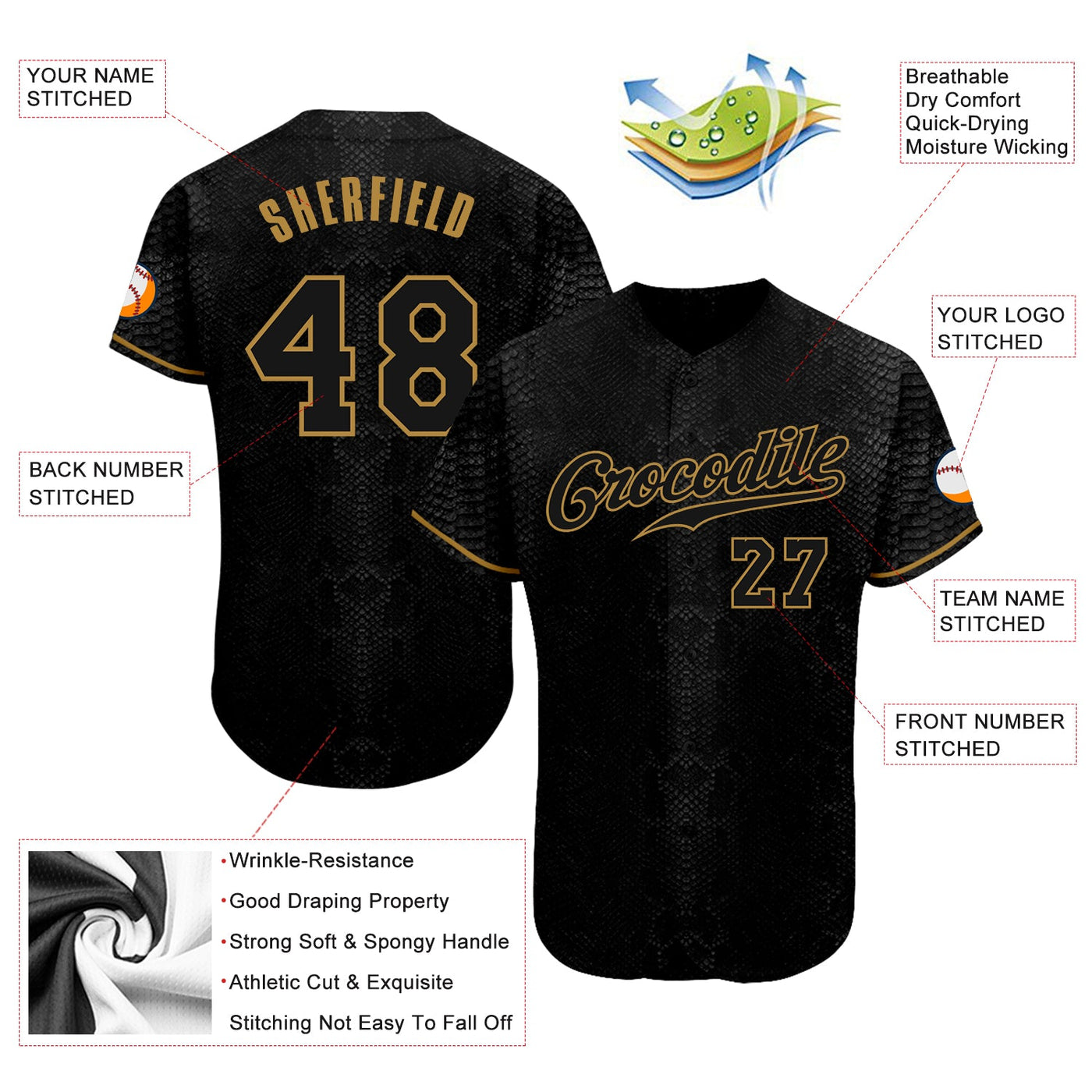 Custom Black Snakeskin Black-Old Gold Authentic Baseball Jersey - Owls Matrix LTD