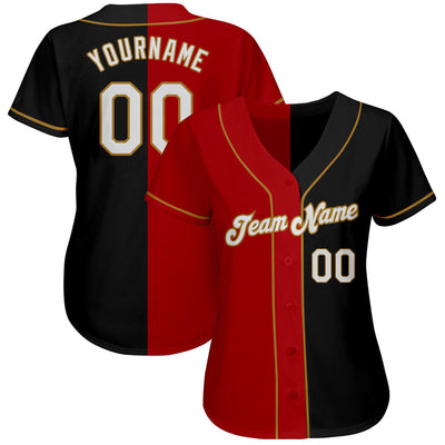 Custom Black White-Red Old Gold Authentic Split Fashion Baseball Jersey - Owls Matrix LTD