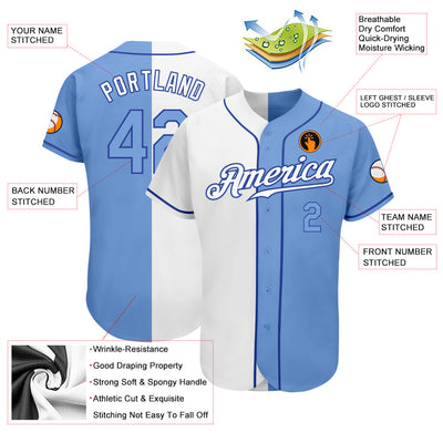 Custom White Light Blue-Royal Authentic Split Fashion Baseball Jersey - Owls Matrix LTD