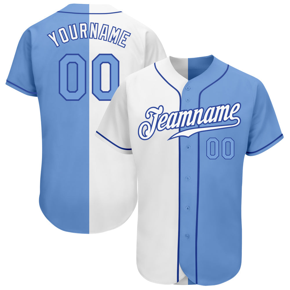 Custom White Light Blue-Royal Authentic Split Fashion Baseball Jersey - Owls Matrix LTD