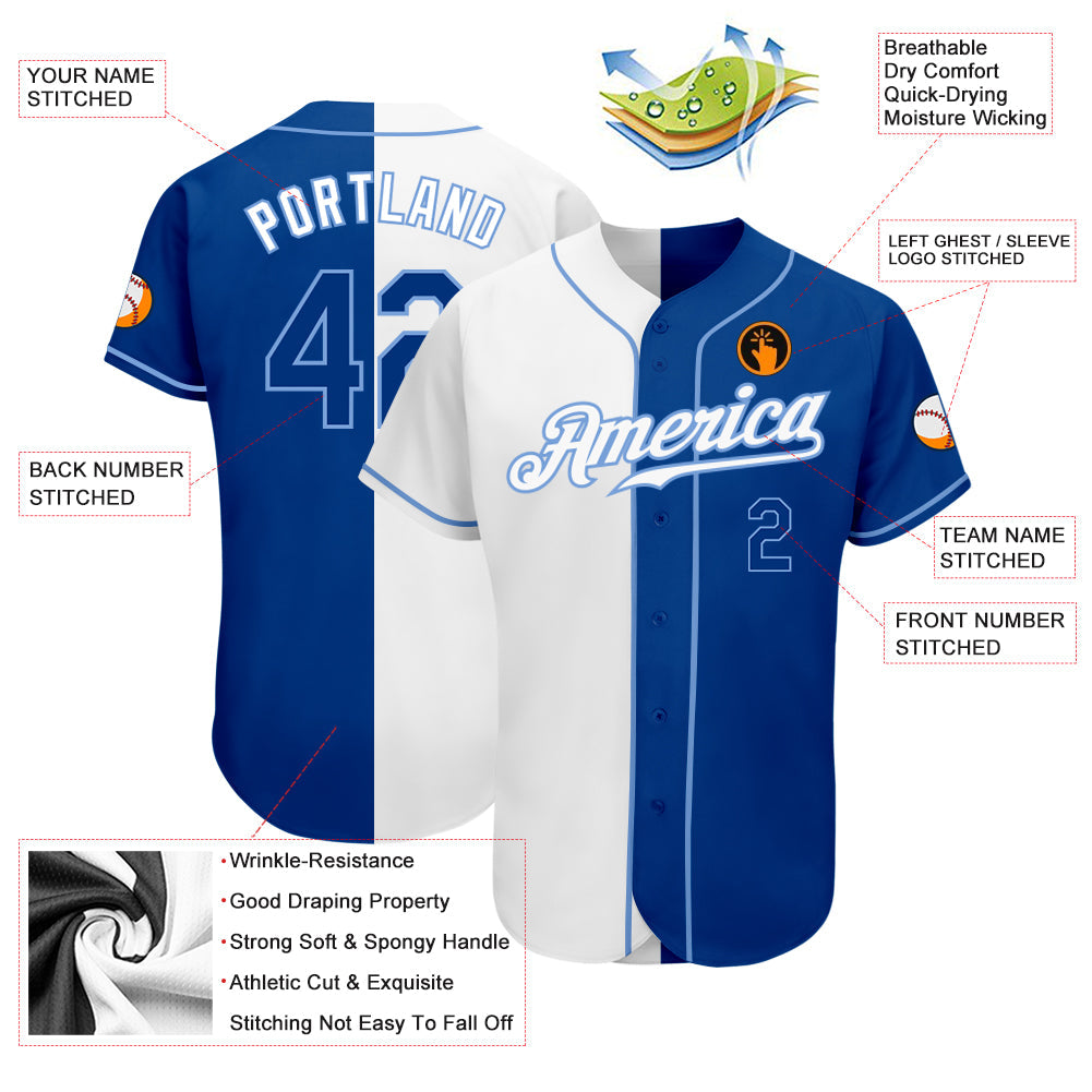 Custom White Royal-Light Blue Authentic Split Fashion Baseball Jersey - Owls Matrix LTD
