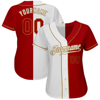 Custom White Red-Old Gold Authentic Split Fashion Baseball Jersey - Owls Matrix LTD