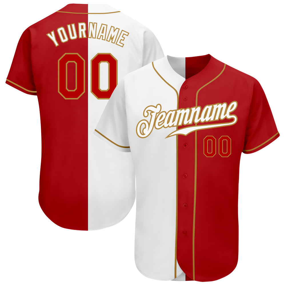 Custom White Red-Old Gold Authentic Split Fashion Baseball Jersey - Owls Matrix LTD