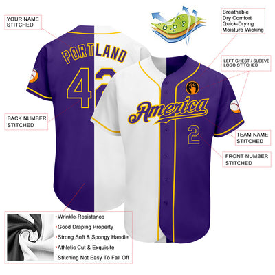 Custom White Purple-Gold Authentic Split Fashion Baseball Jersey - Owls Matrix LTD
