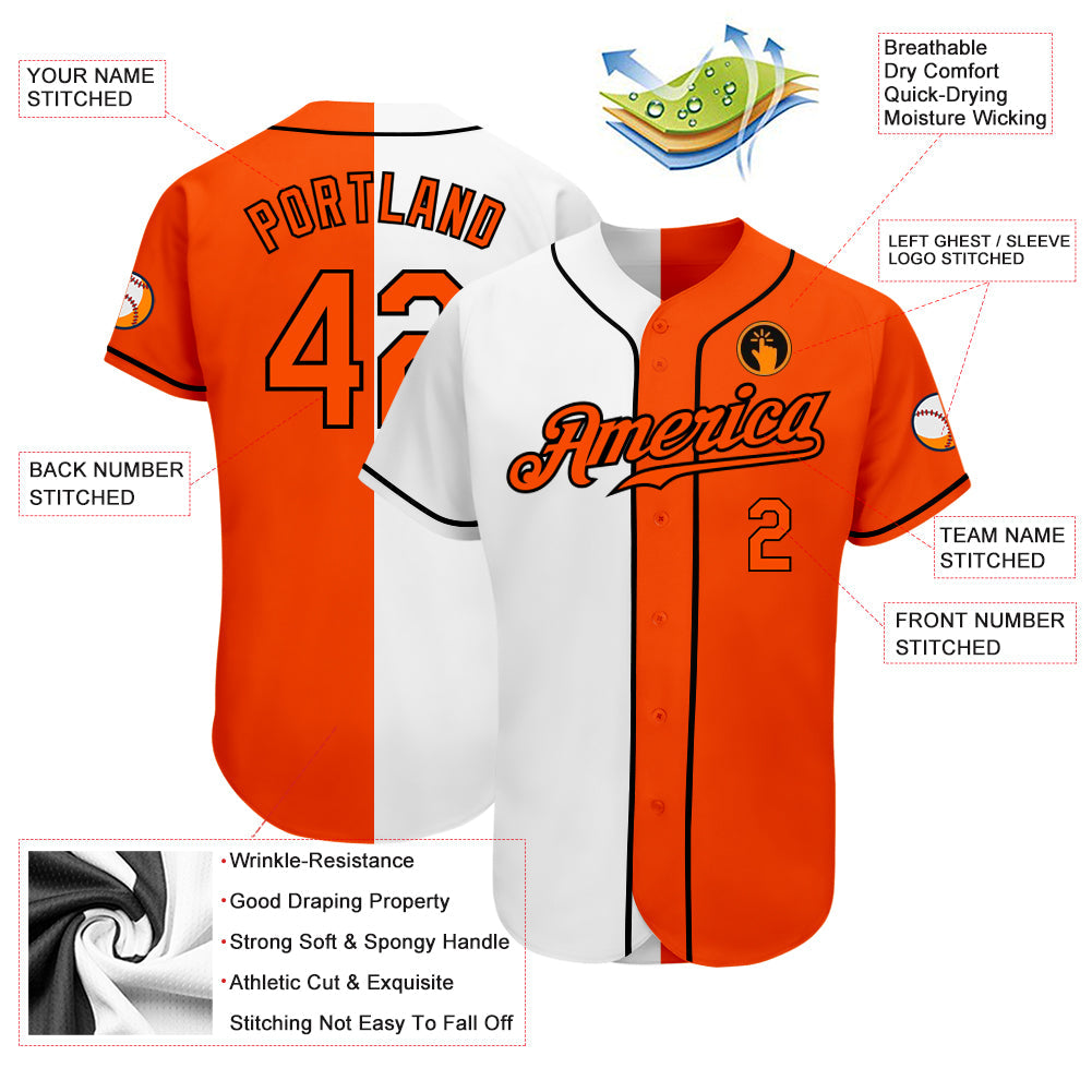 Custom White Orange-Black Authentic Split Fashion Baseball Jersey - Owls Matrix LTD
