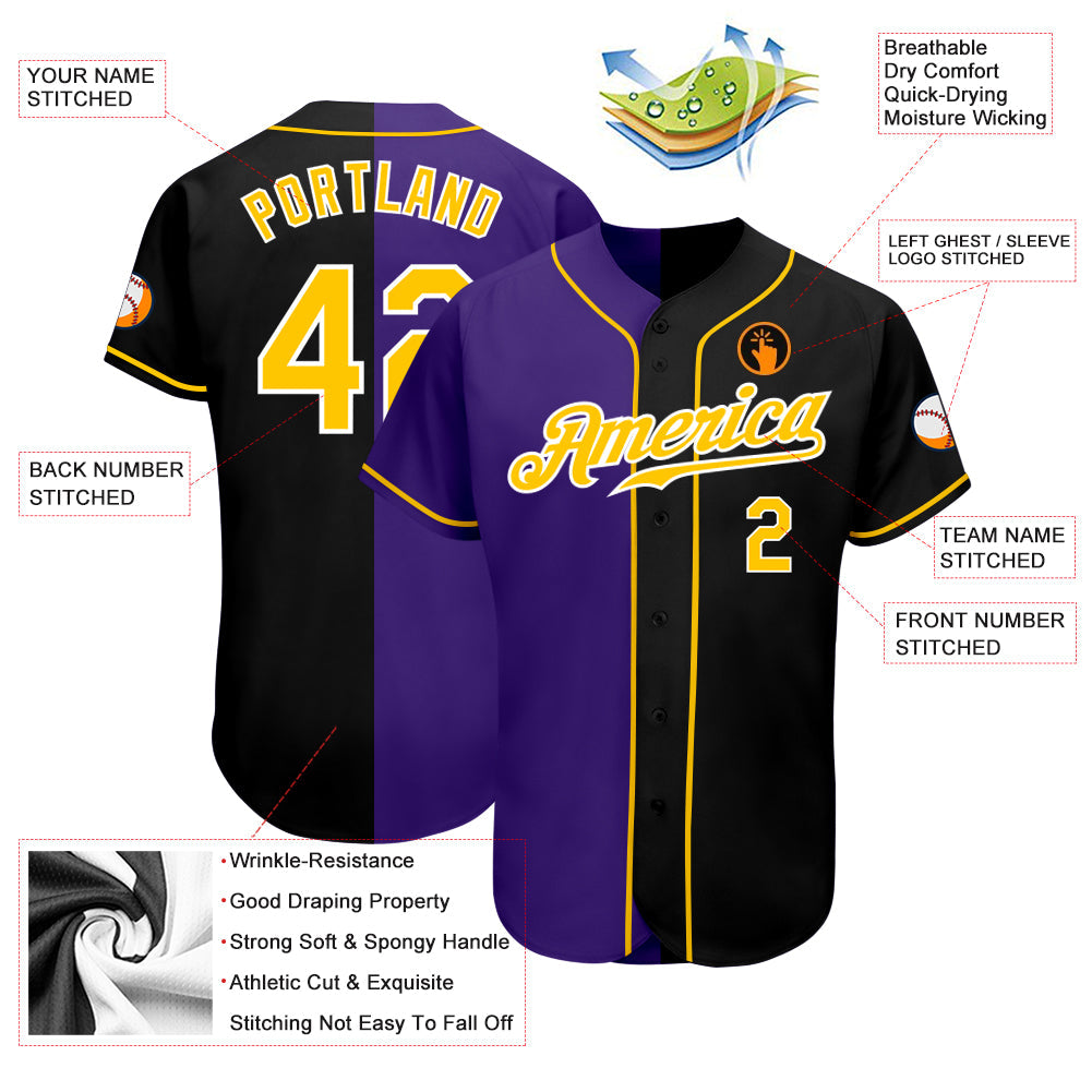Custom Black Gold-Purple Authentic Split Fashion Baseball Jersey - Owls Matrix LTD
