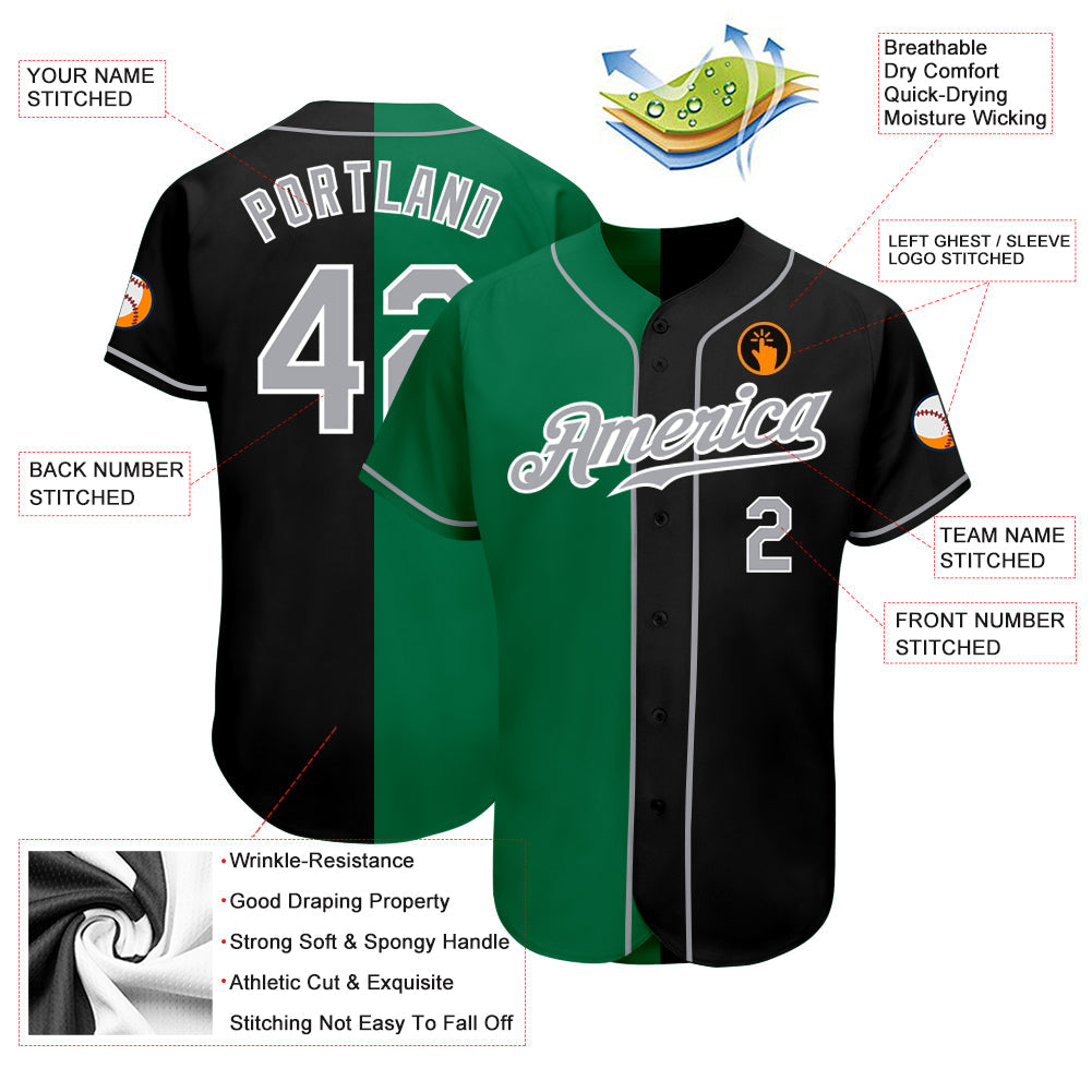 Custom Black Gray-Kelly Green Authentic Split Fashion Baseball Jersey - Owls Matrix LTD