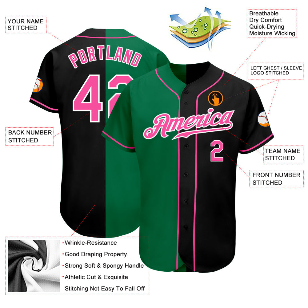 Custom Black Pink-Kelly Green Authentic Split Fashion Baseball Jersey - Owls Matrix LTD