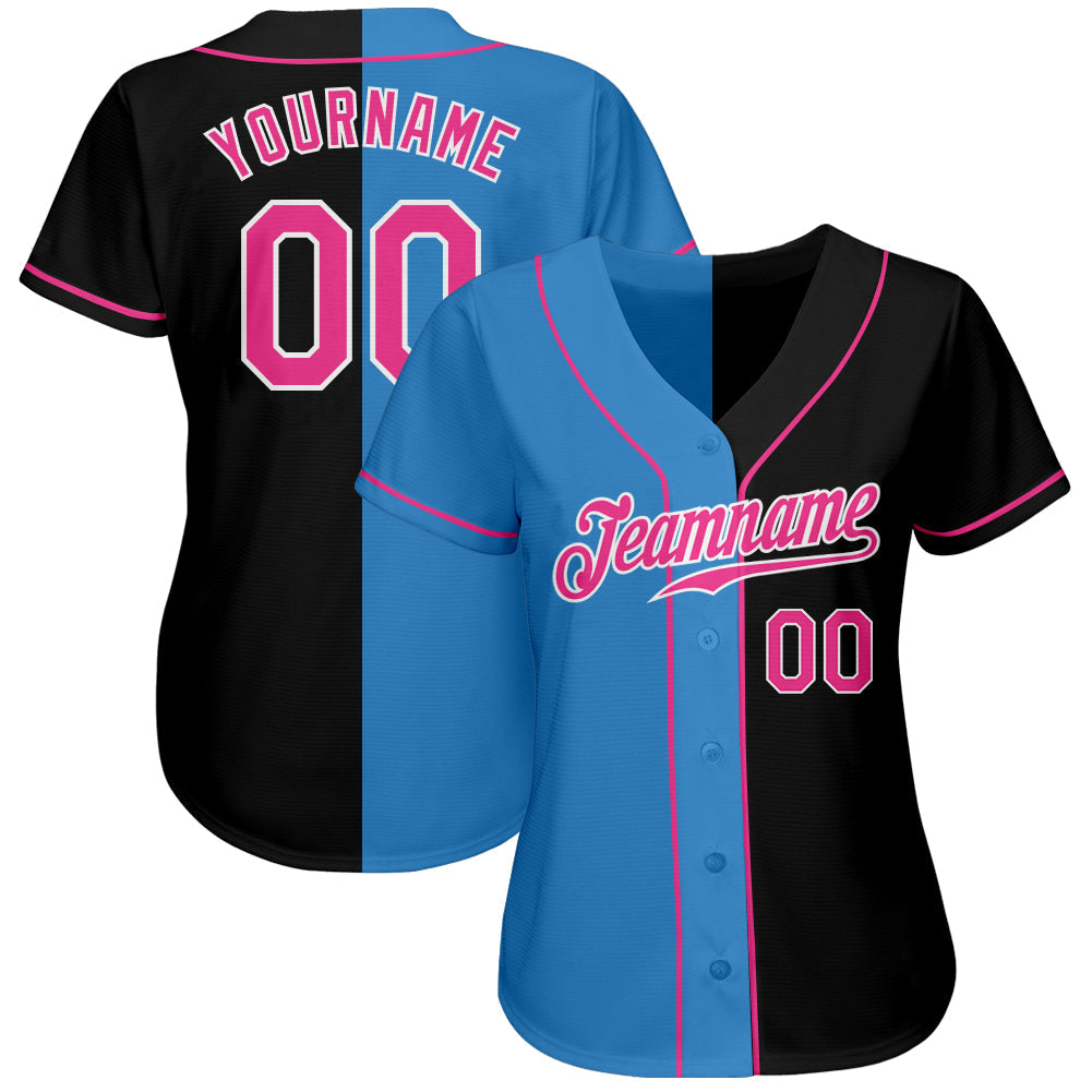 Custom Black Pink-Powder Blue Authentic Split Fashion Baseball Jersey - Owls Matrix LTD