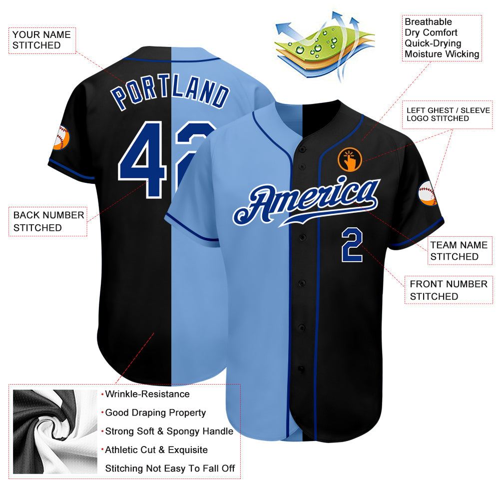 Custom Black Royal-Light Blue Authentic Split Fashion Baseball Jersey - Owls Matrix LTD
