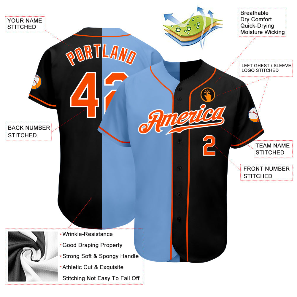 Custom Black Orange-Light Blue Authentic Split Fashion Baseball Jersey - Owls Matrix LTD