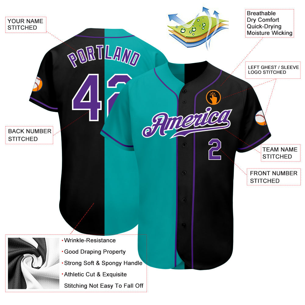 Custom Black Purple-Aqua Authentic Split Fashion Baseball Jersey - Owls Matrix LTD