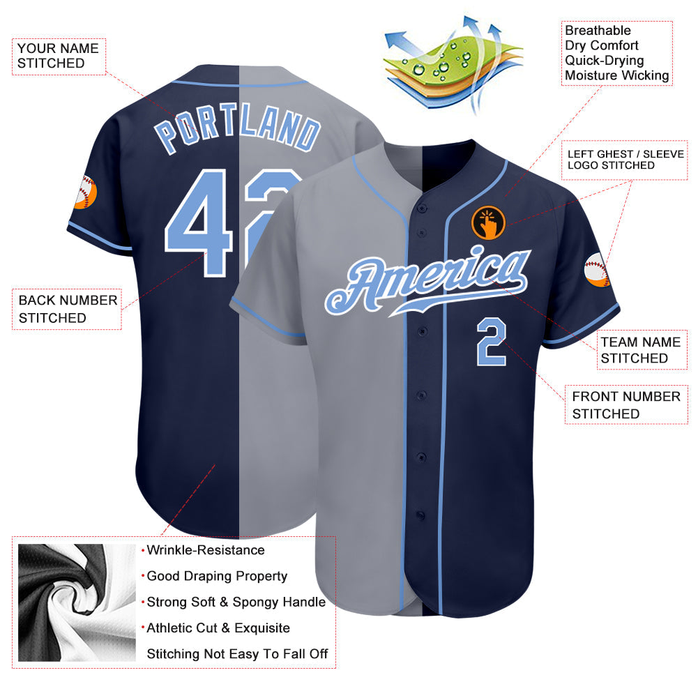Custom Navy Light Blue-Gray Authentic Split Fashion Baseball Jersey - Owls Matrix LTD