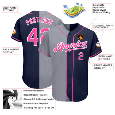 Custom Navy Pink-Gray Authentic Split Fashion Baseball Jersey