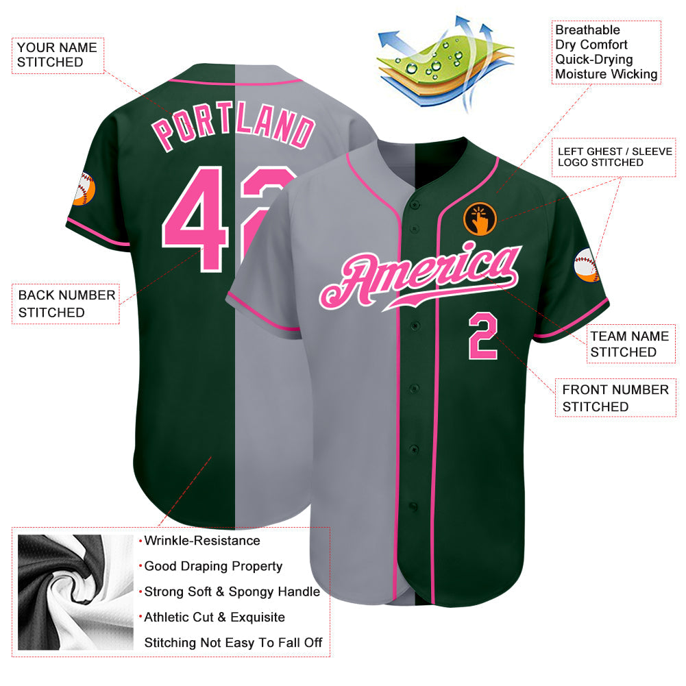 Custom Green Pink-Gray Authentic Split Fashion Baseball Jersey - Owls Matrix LTD