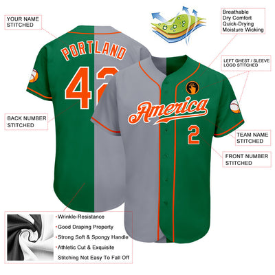 Custom Kelly Green Orange-Gray Authentic Split Fashion Baseball Jersey - Owls Matrix LTD