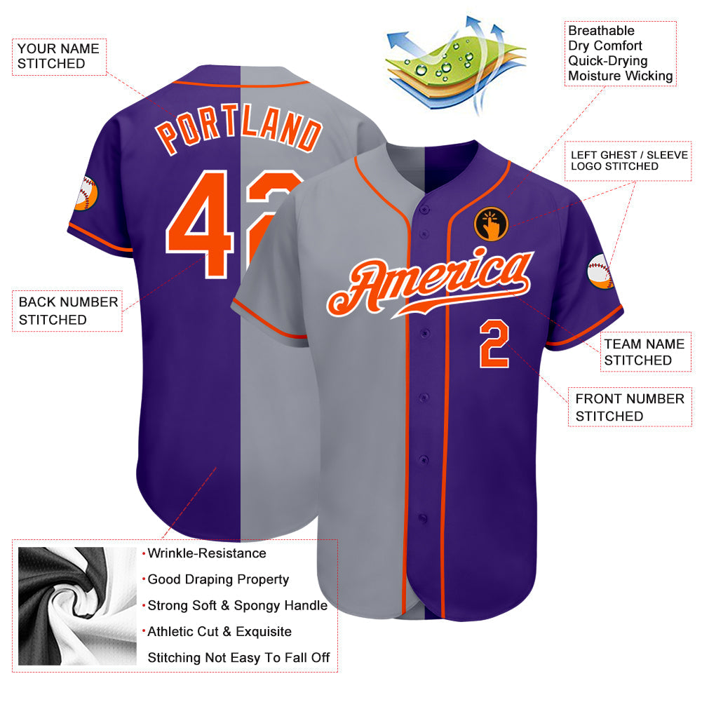 Custom Purple Orange-Gray Authentic Split Fashion Baseball Jersey - Owls Matrix LTD