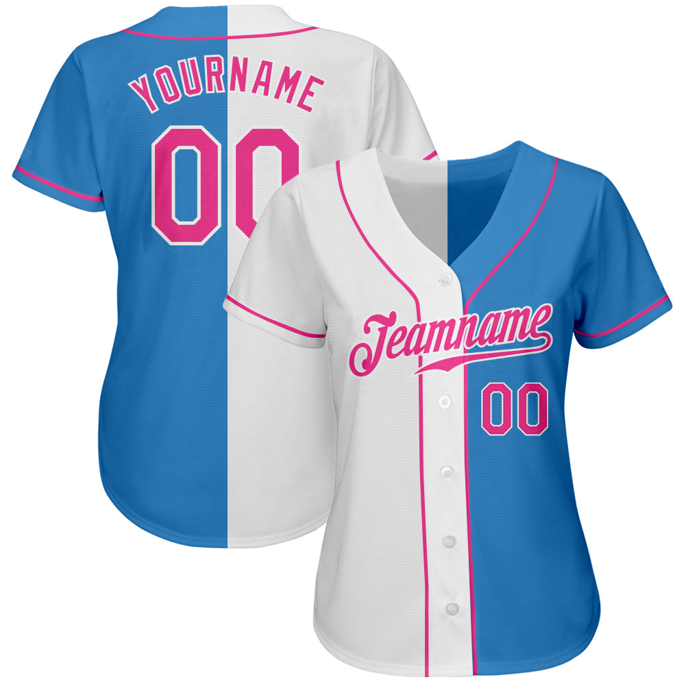 Custom Powder Blue Pink-White Authentic Split Fashion Baseball Jersey - Owls Matrix LTD